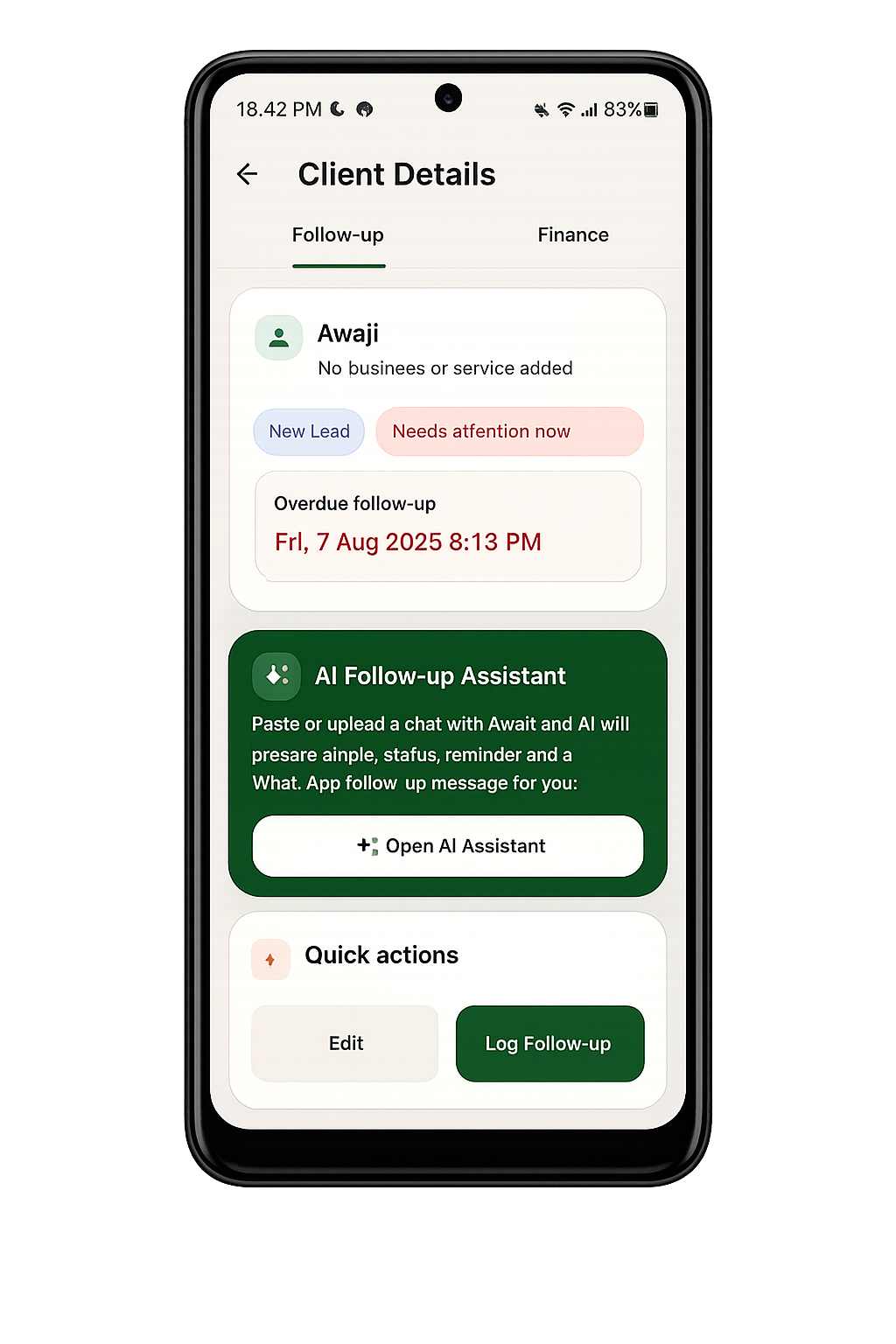 KuDesk client profile with notes, reminders, and follow-up actions